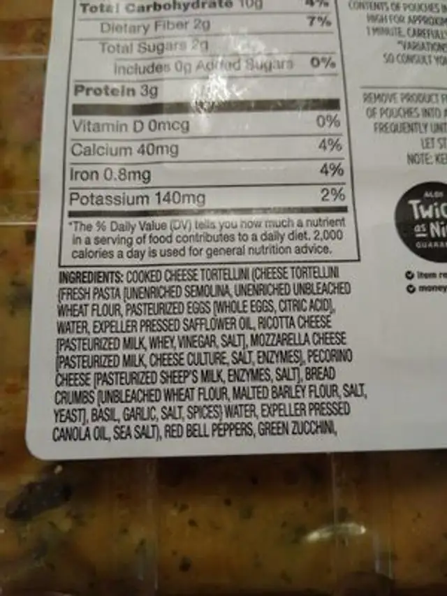 cheese tortellini with mixed vegetables ingredients label