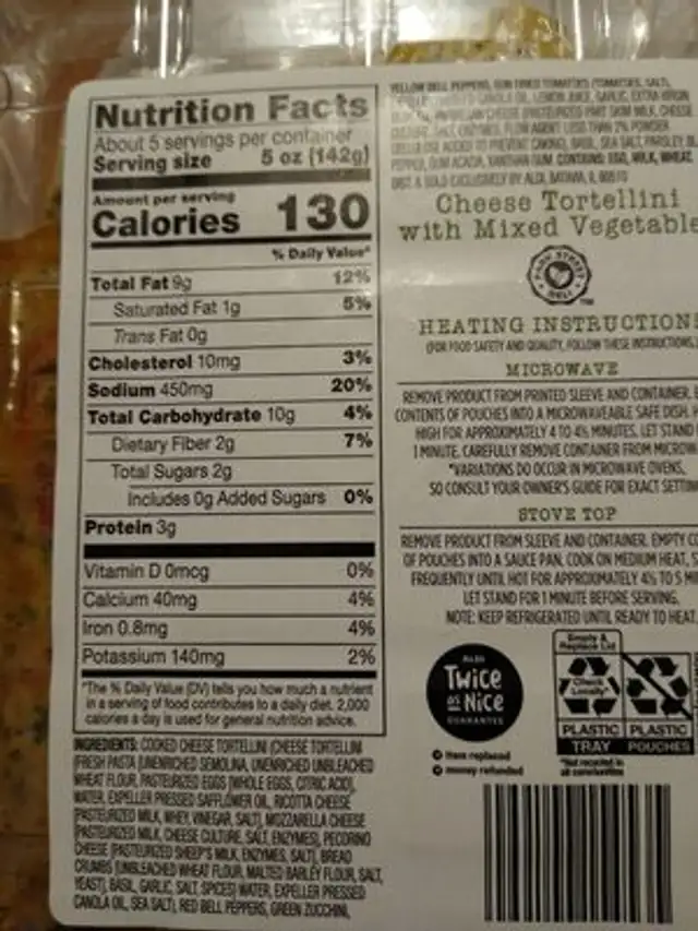 cheese tortellini with mixed vegetables nutrition facts table