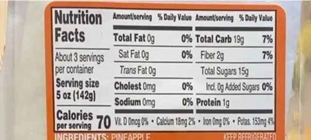 Pineapple spears nutrition facts table