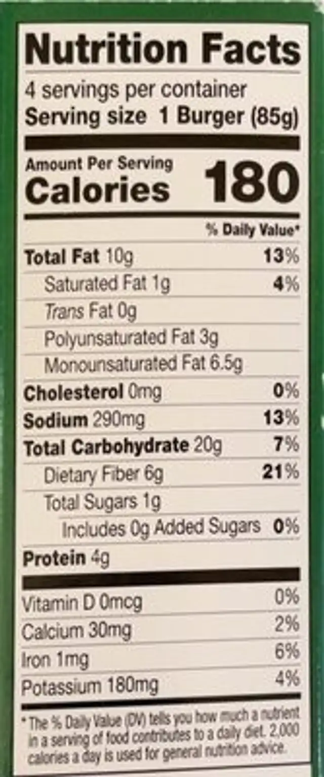Quinoa crunch veggie burger nutrition facts table