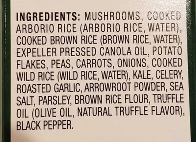 Mushroom risotto veggie burger ingredients label