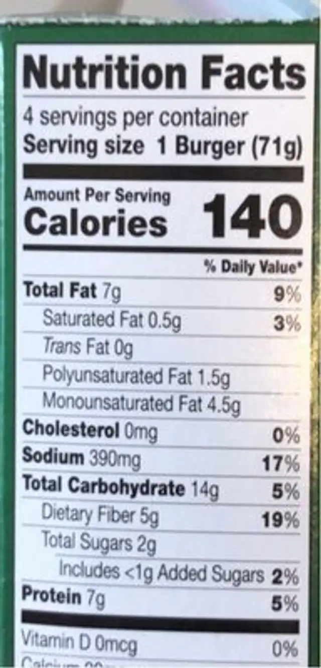 ASAIN veggie burger nutrition facts table