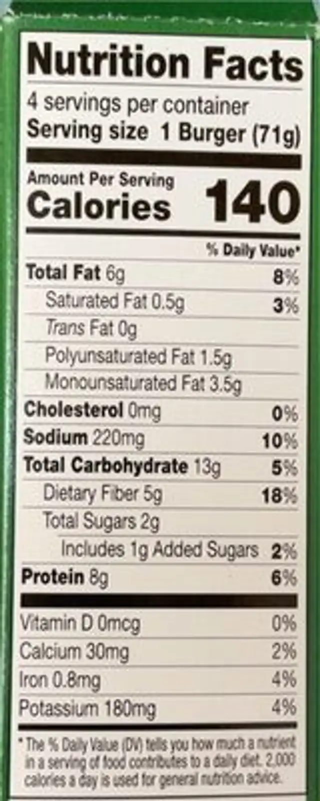 Thia veggie burger nutrition facts table