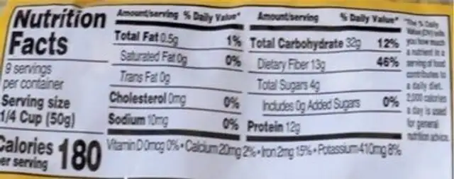 Green Split Peas nutrition facts table
