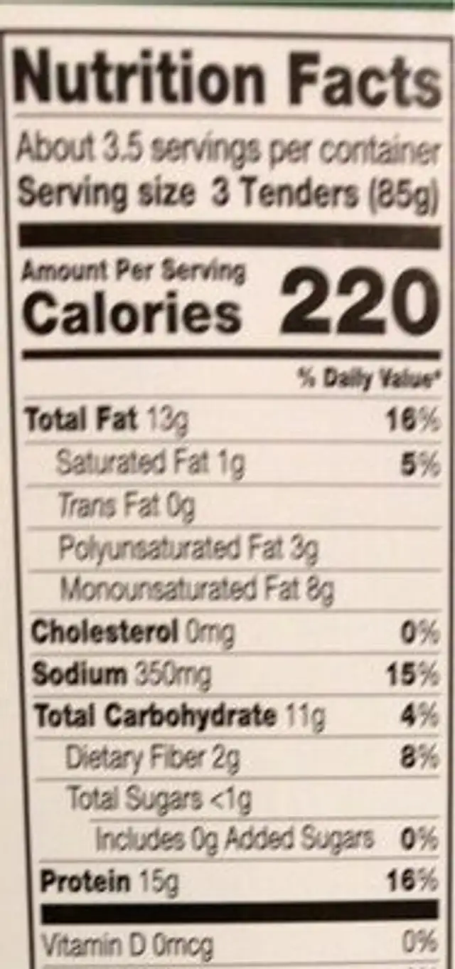 Chickenless tenders nutrition facts table