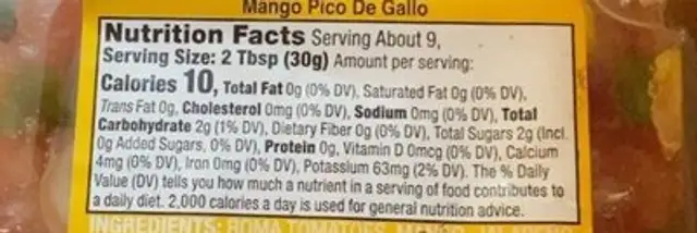 Pico De Gallo nutrition facts table