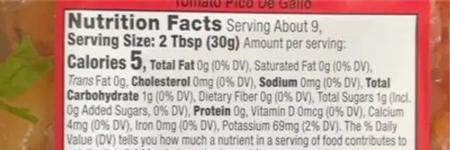 Pico De Gallo tomato nutrition facts table