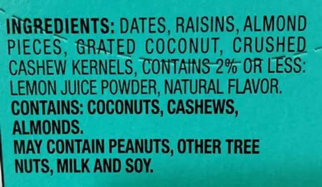 Elevation Lemon Pure & Simple Bar ingredients label