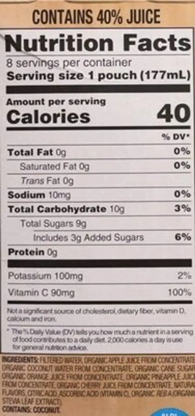 Fruit Punch & Coconut Water nutrition facts table