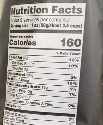 White Cheddar Cheese Popcorn nutrition facts table