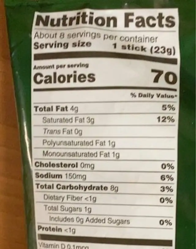 Mozzarella style sticks nutrition facts table