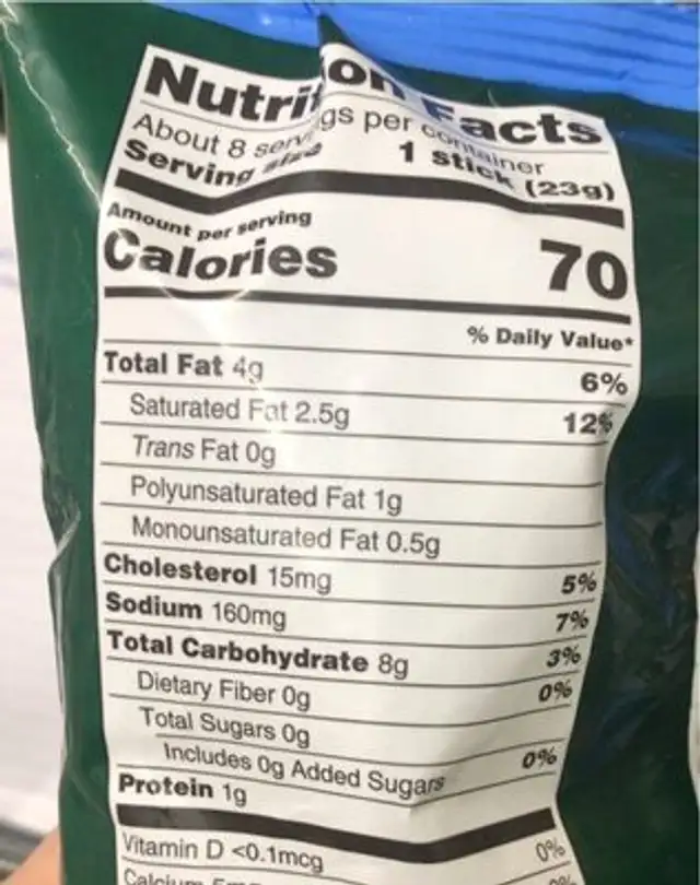 Cheddar style sticks nutrition facts table