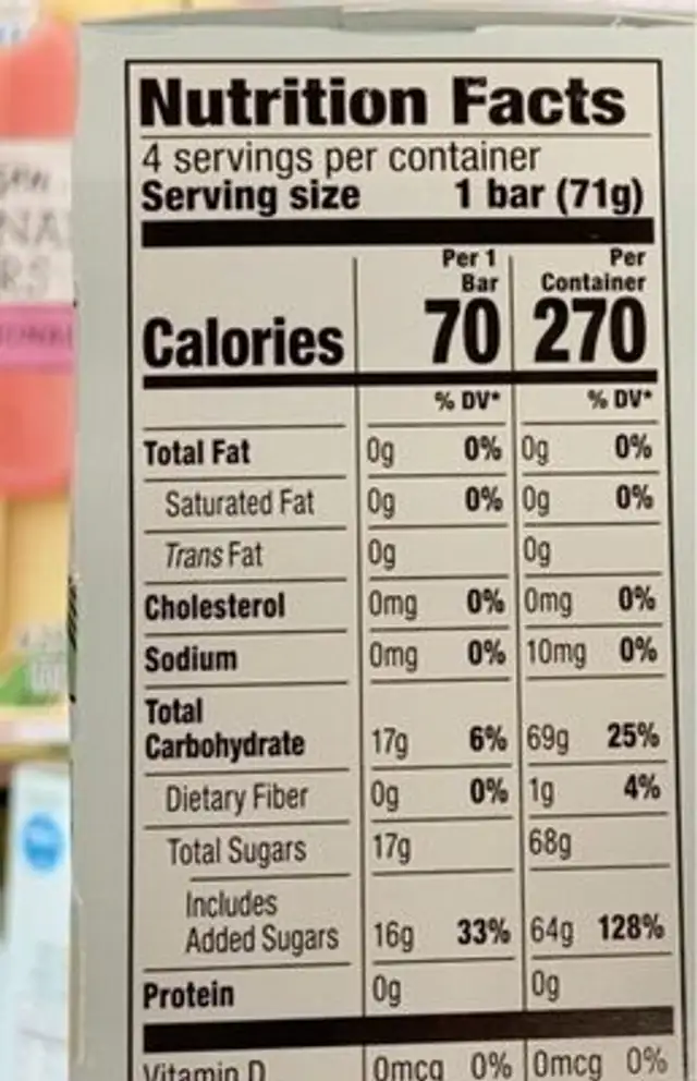 Frozen lemonade bars nutrition facts table