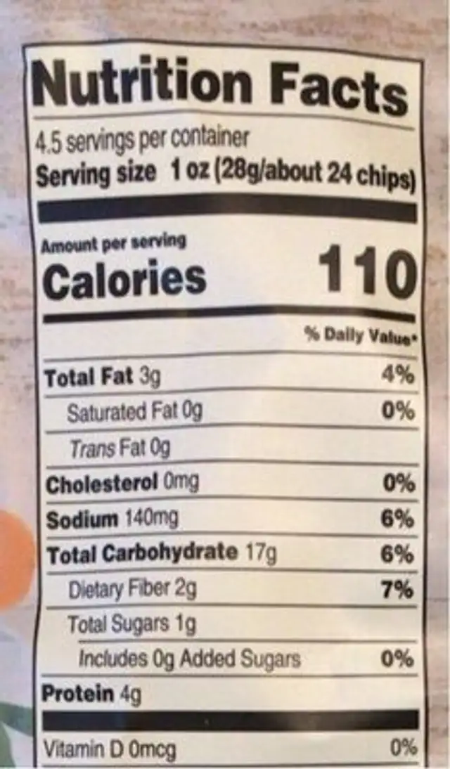 Sea Salt Veggie Crisps nutrition facts table
