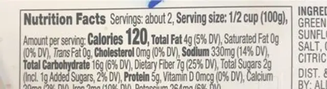 Black Bean Salad nutrition facts table