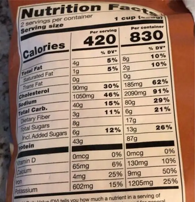 Beef and broccoli nutrition facts table