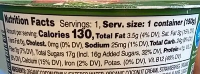 Strawberry coconut milk yogurt alternative nutrition facts table