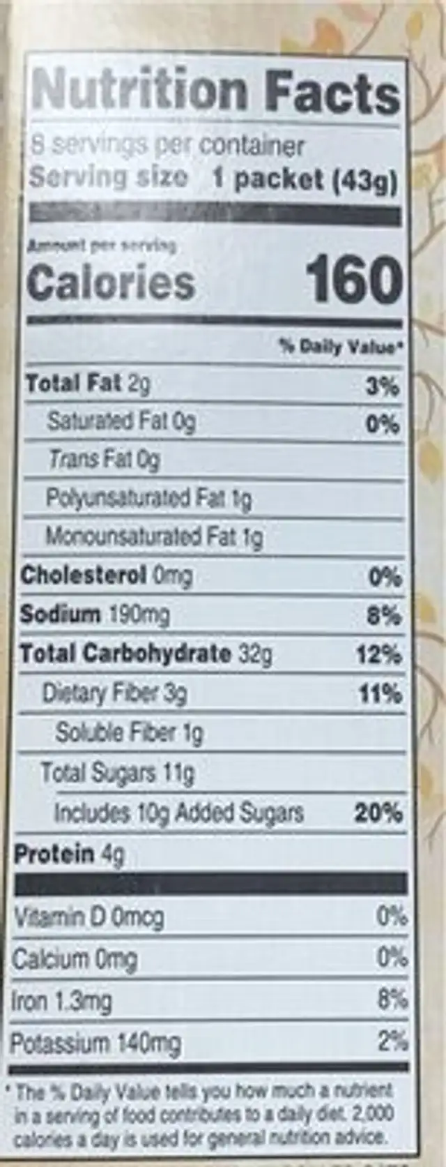 Pumpkin Spice Instant Oatmeal nutrition facts table
