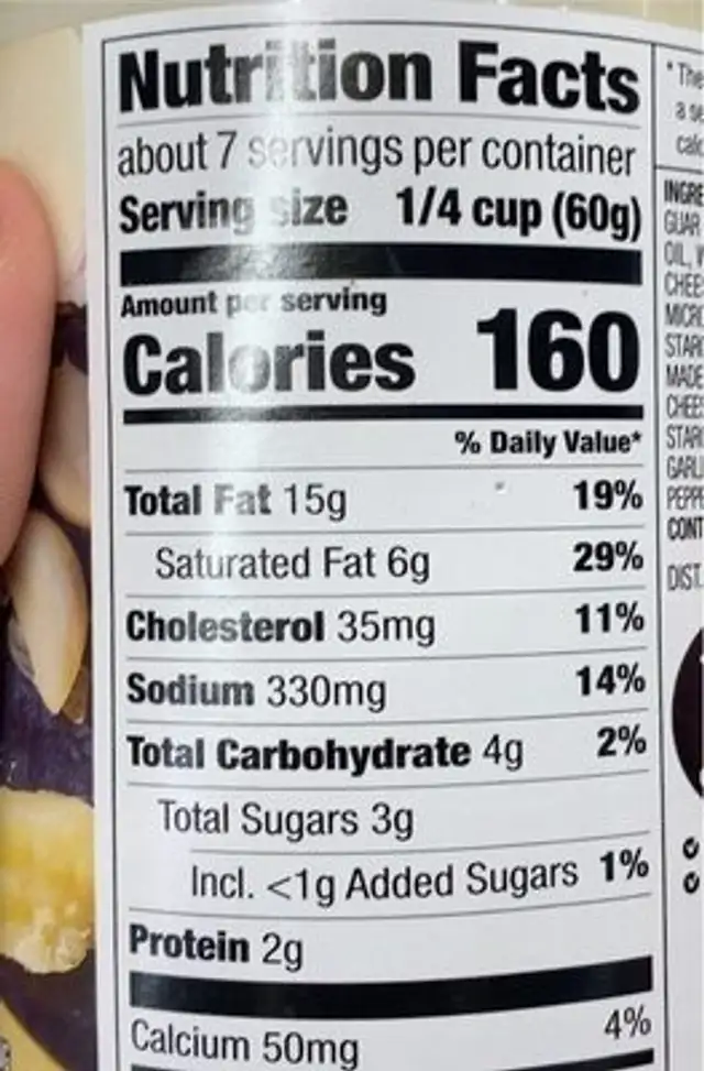 Original Alfredo nutrition facts table
