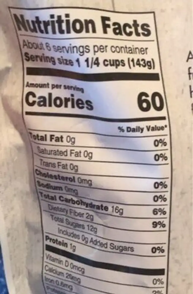 Mixed fruit nutrition facts table
