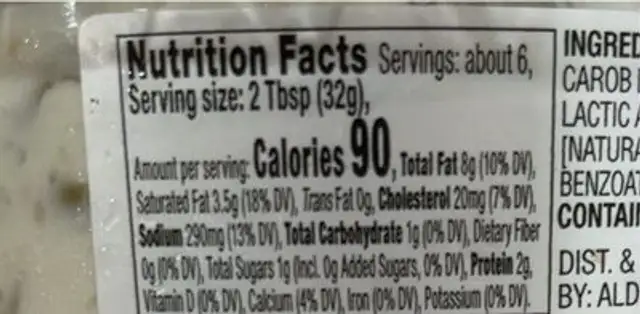 Dirty Martini Olive Spead nutrition facts table