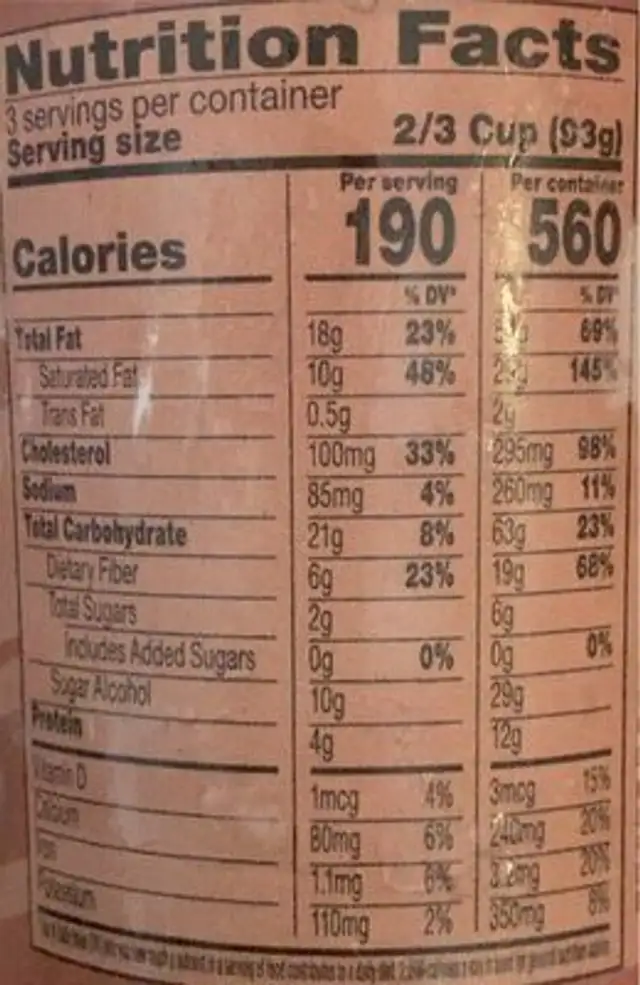 Keto Ice Cream Brownie Batter nutrition facts table