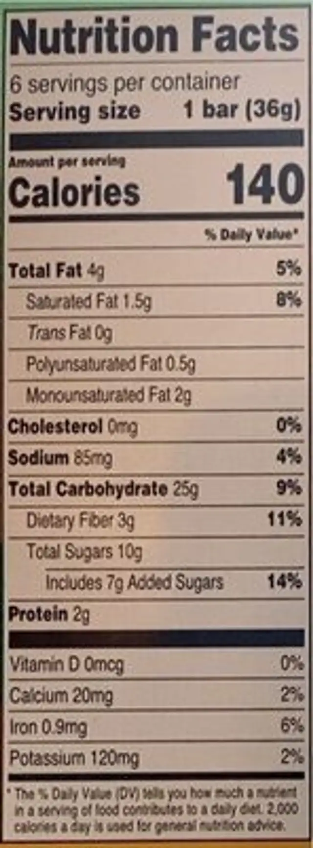 Elevation Kids Baked Bar Chocolate Chip nutrition facts table
