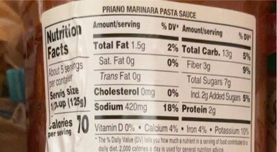 Marinara Pasta sauce nutrition facts table