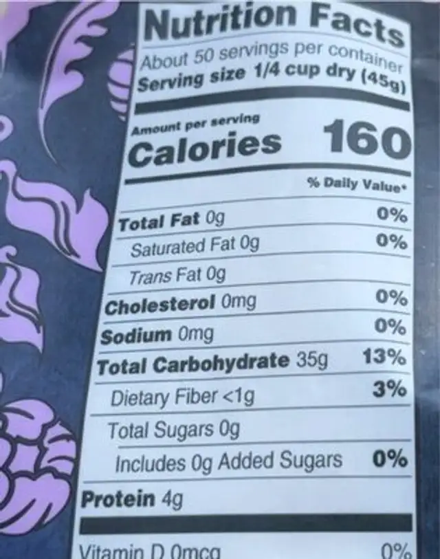 Jasmine rice nutrition facts table