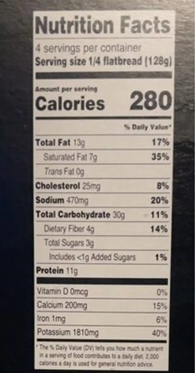 Eggplant & Grana Padano Cheese Flatbread nutrition facts table