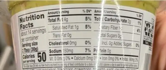 Chunky Guacamole nutrition facts table