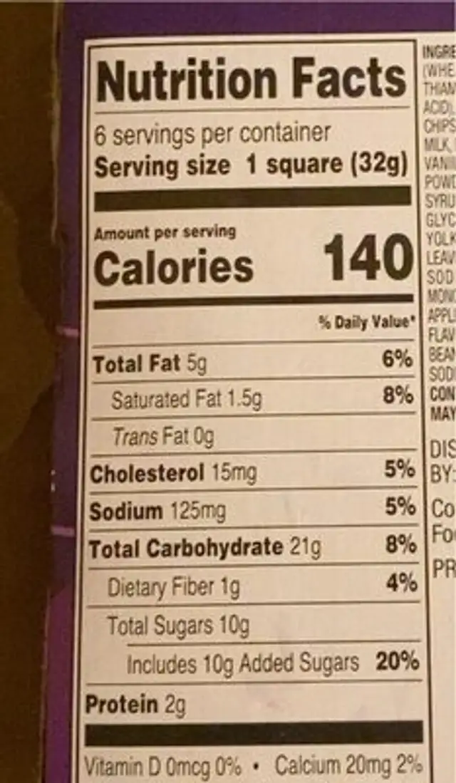 Indulgent Brownies nutrition facts table