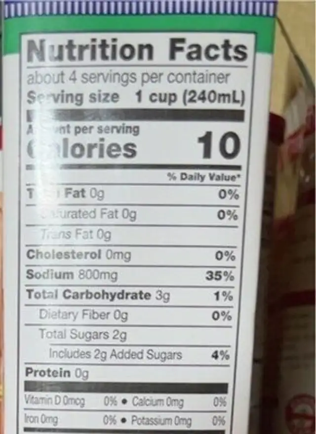 Vegetable Broth nutrition facts table