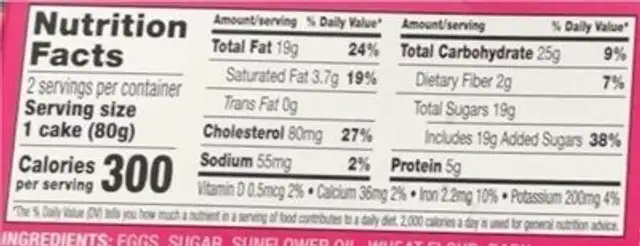 Heart Lava Cakes nutrition facts table