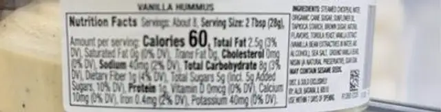 Vanilla bean nutrition facts table