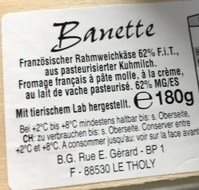 Fromage français a pate molle ingredients label