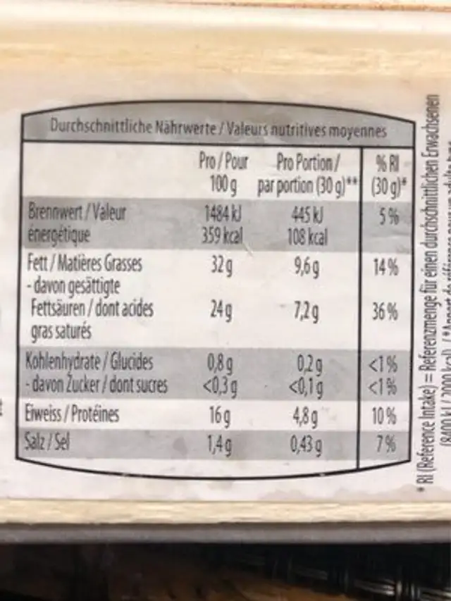Fromage français a pate molle nutrition facts table
