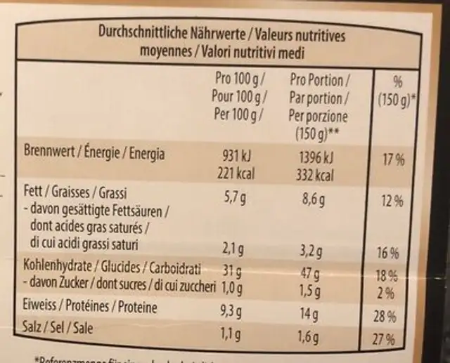 Tortellini a la viande de boeuf et a la roquette nutrition facts table