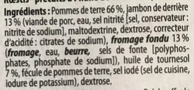 Rösti-toast au jambon ingredients label