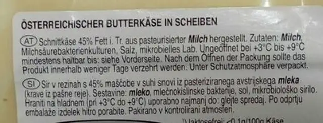Butterkäse ingredients label
