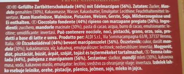 Edelmarzipanschokolade ingredients label
