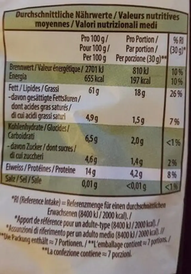 Noisettes entières nutrition facts table