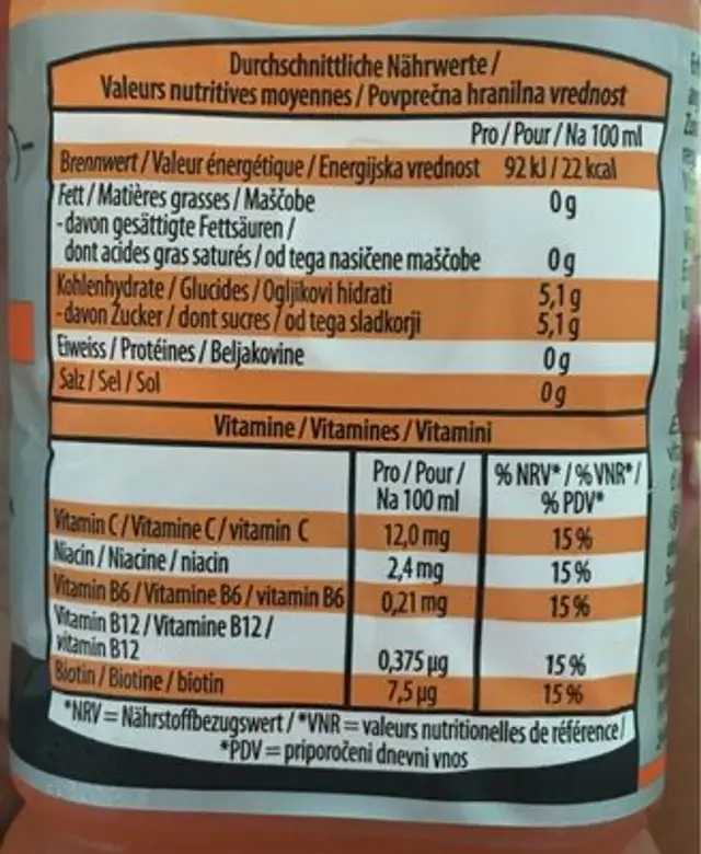 Protection Vitamin Water nutrition facts table