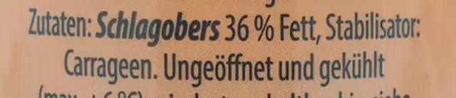Schlagobers ingredients label