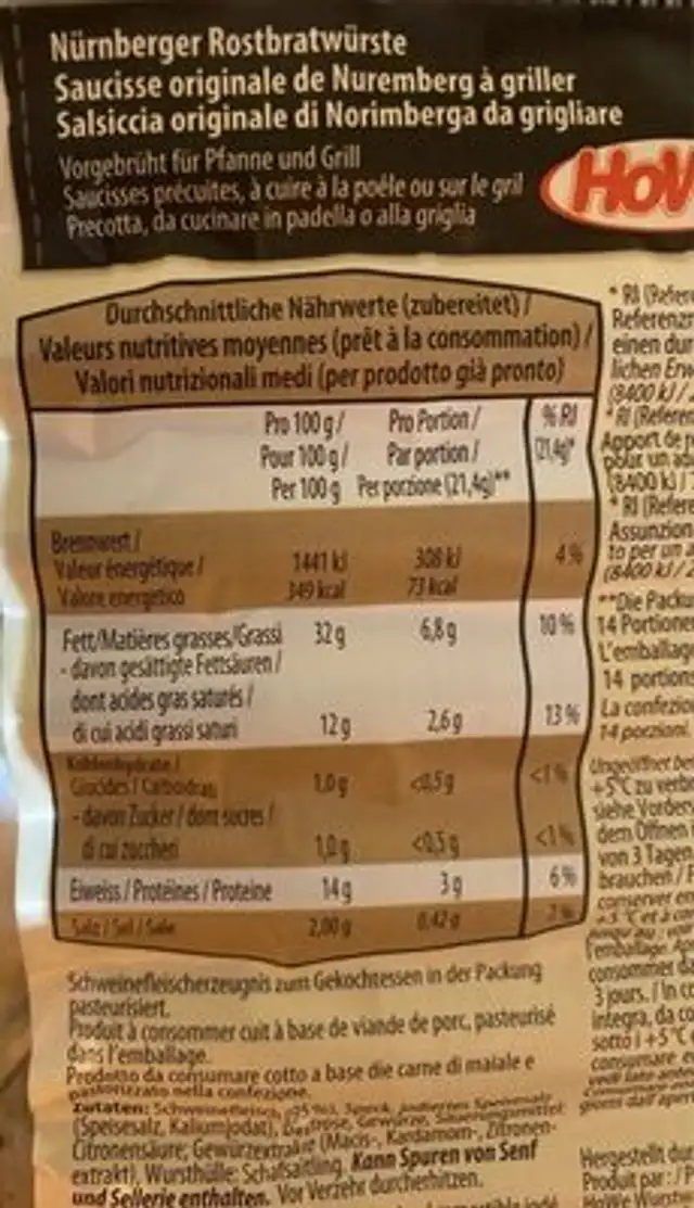 Nürnberger nutrition facts table