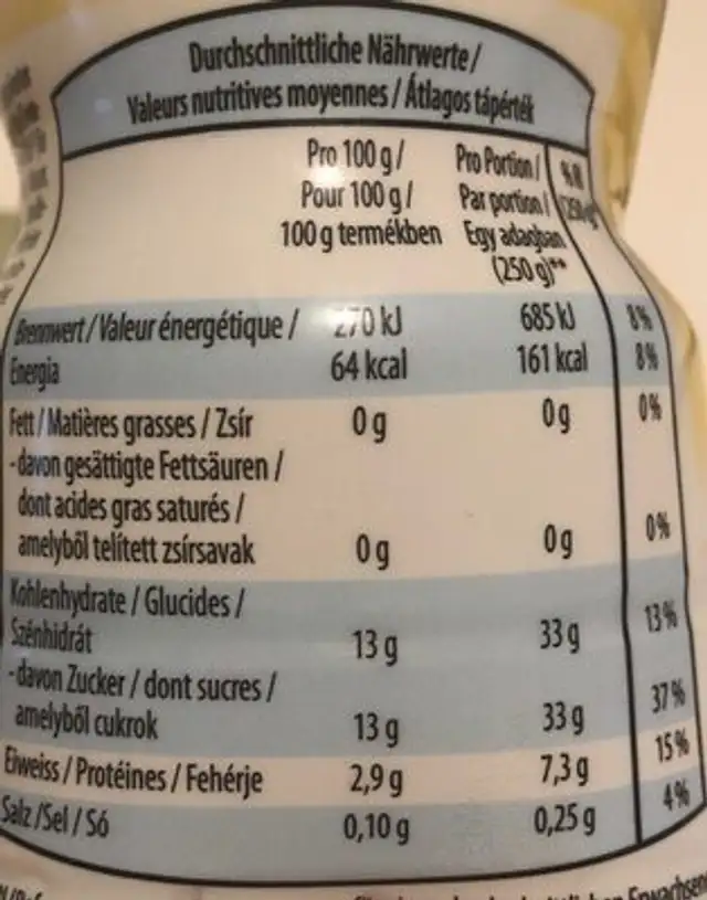 Yaourt à boire vanille nutrition facts table