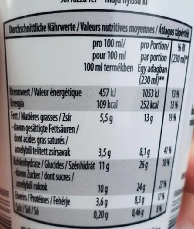 Milk Shake Vanille nutrition facts table
