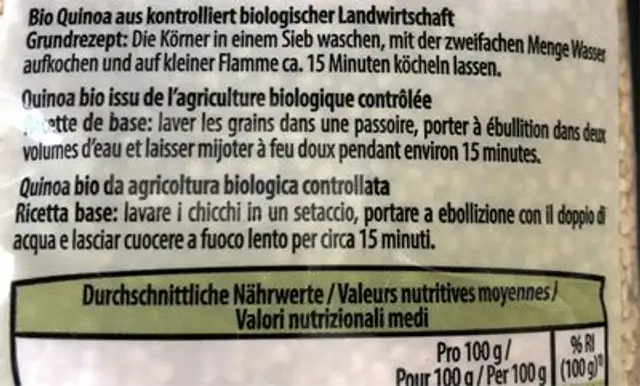 Quinoa bio ingredients label