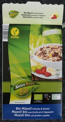 Muesli bio aux fruits et à l'épeautre front packaging