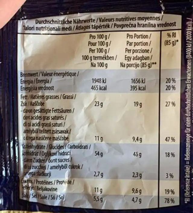 Instant Nudeln nutrition facts table